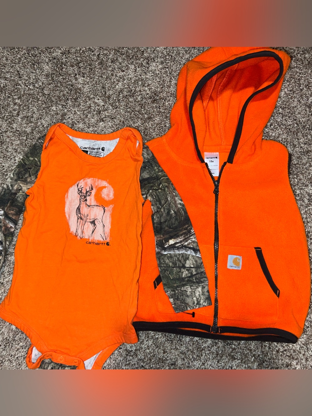 Carhartt Baby Bundle High-Visibility Orange Hunting Camo Fleece Vest Onesie 18